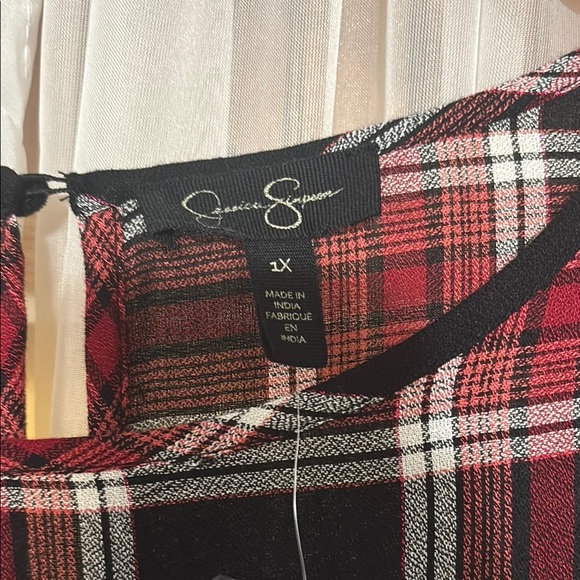PLUS SIZE Jessica Simpson Plaid Ruffle Sleeve Top - Red and Black - Picture 3 of 5
